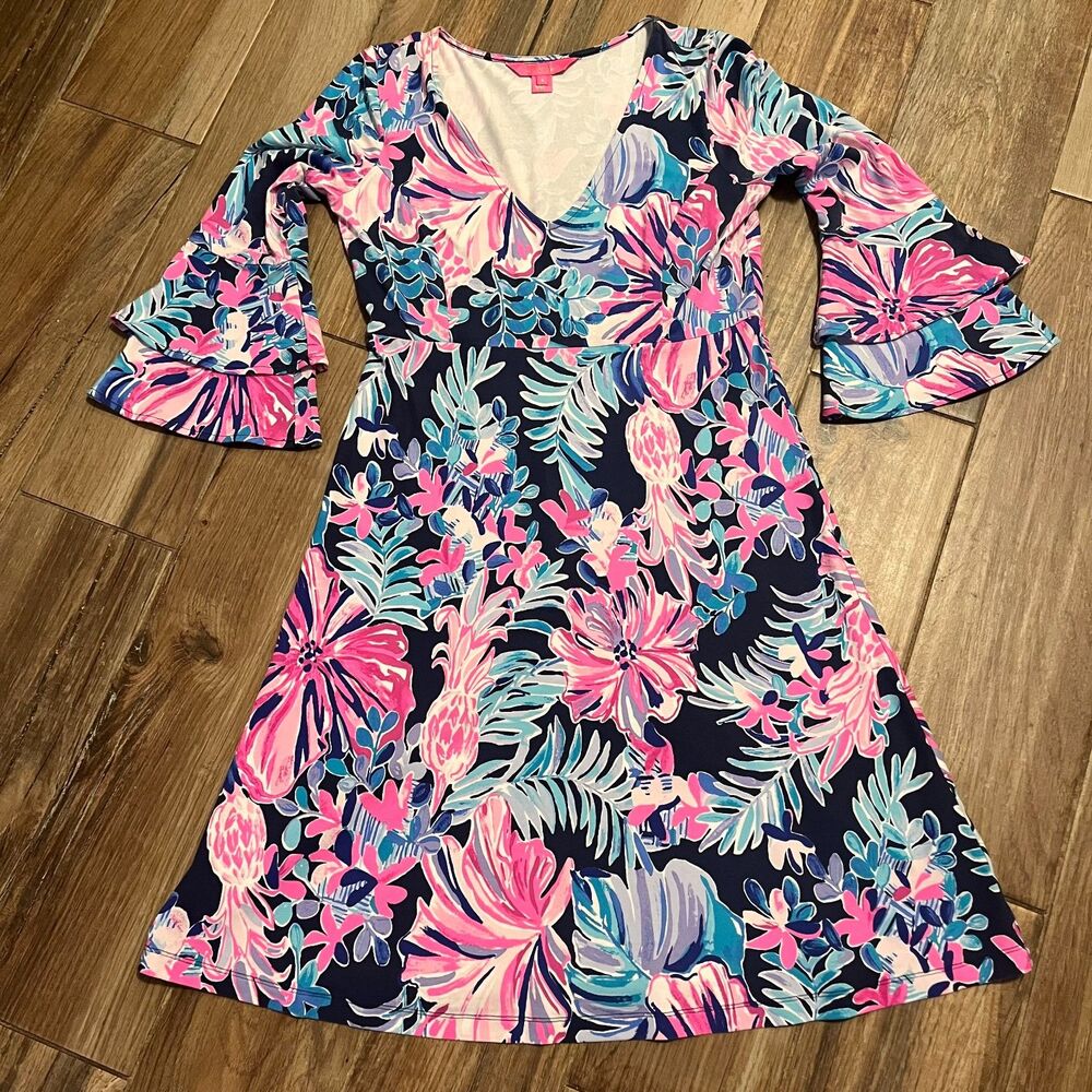 Lilly Pulitzer Raina Dress "Garden Get Away" Bell Ruffle Sleeve Small EUC